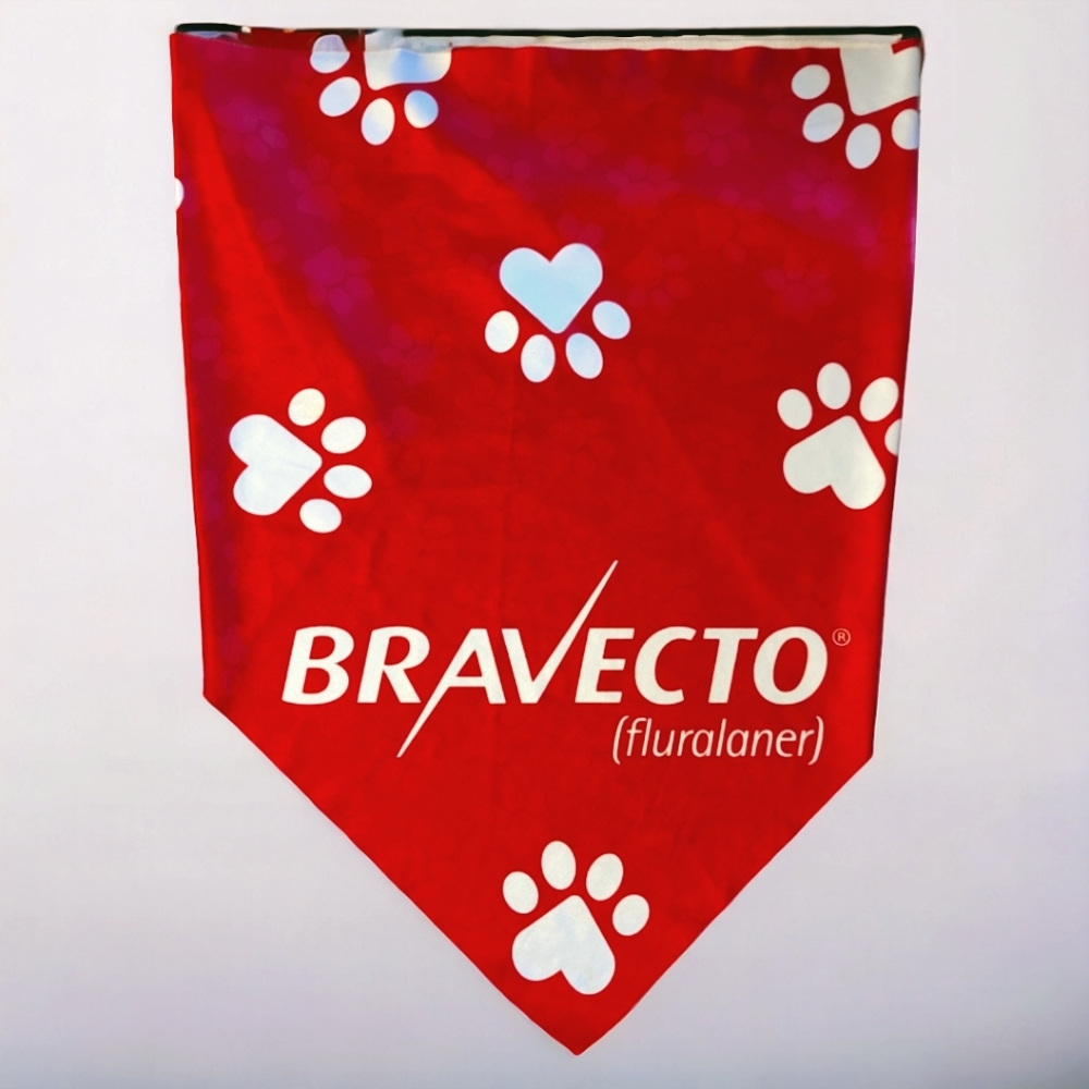 Vtg Bravecto Ban Doggies Silky Bandana Shiny Red White Paw Prints Hearts